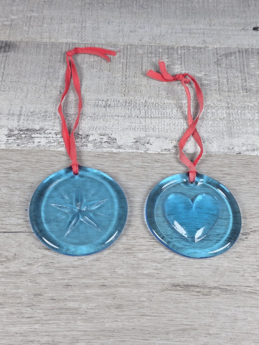 2 Blue Heart Star Suncatcher Medallion Pressed Art Glass 2.5" Vintage Rare 25c7